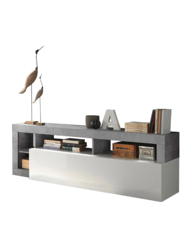 Mueble TV HAMBURG – Blanco lacado brillo / Hormigón