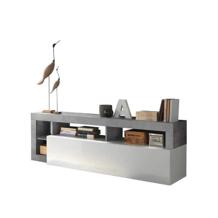 Mueble TV HAMBURG – Blanco lacado brillo / Hormigón Mueble TV HAMBURG – Blanco lacado brillo / Hormigón