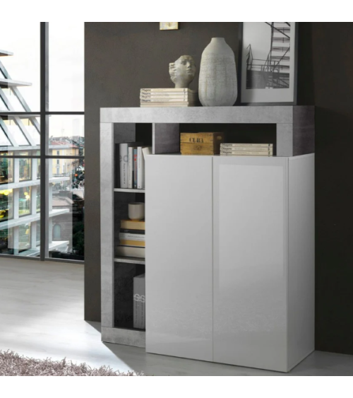 Buffet HAMBURG – Blanc laqué brillant / Béton