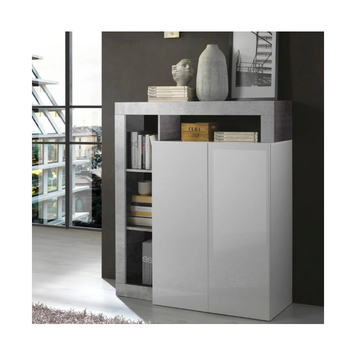 Buffet HAMBURG – Blanc laqué brillant / Béton Buffet HAMBURG – Blanc laqué brillant / Béton