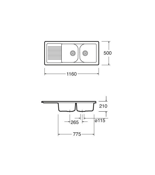 Evier double Molina avec égouttoir 1160x 500 x 210mm Blanc
