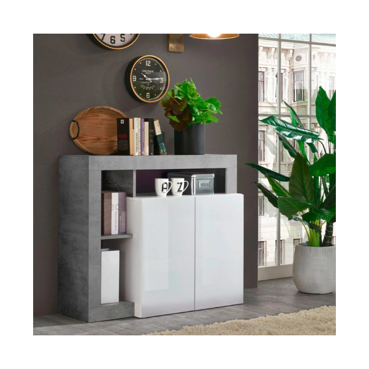 Buffet HAMBURG – Blanc laqué brillant / Béton