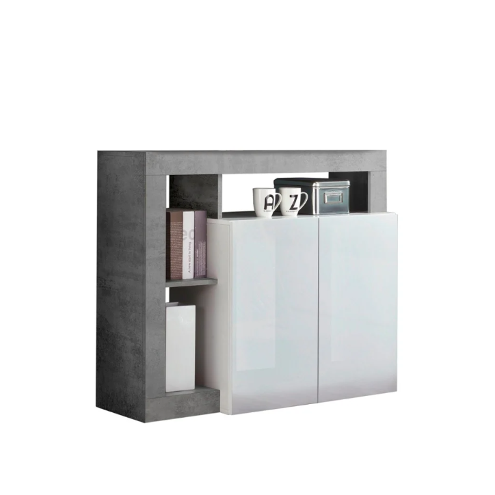 Credenza HAMBURG – Bianco laccato lucido / Cemento