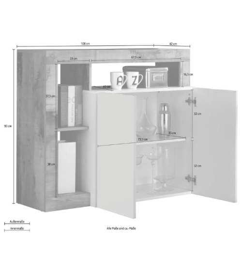 Aparador HAMBURG – Branco lacado brilhante / Betão