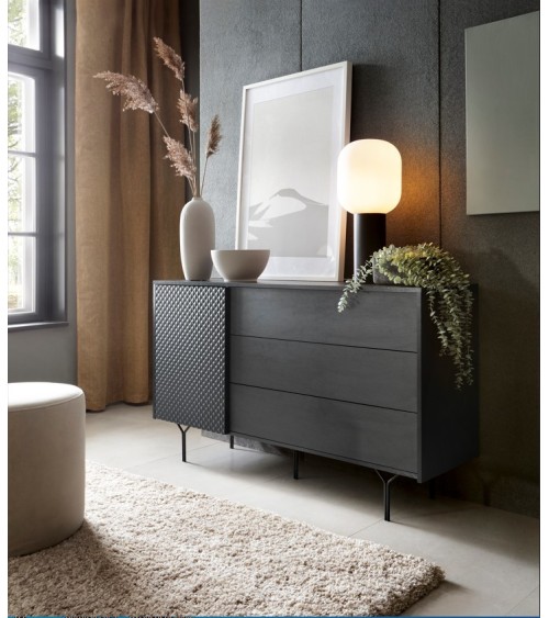 BUFFET LONG  144 cm 1 PORTE 3 TIROIRS anthracite mat - RAVEN 2