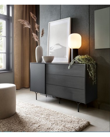 BUFFET LONG  144 cm 1 PORTE 3 TIROIRS anthracite mat - RAVEN 2