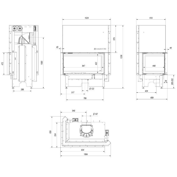 Insert cheminées à bois NADINE BS porte guillotine 2 côtés vitrés, version Gauche 14 kW