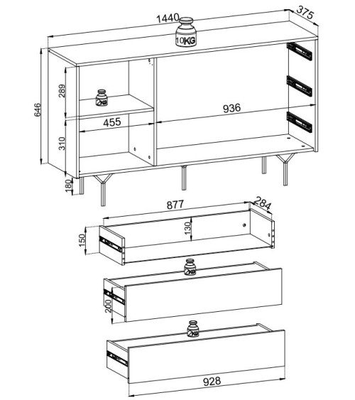BUFFET LONG  144 cm 1 PORTE 3 TIROIRS anthracite mat - RAVEN 2