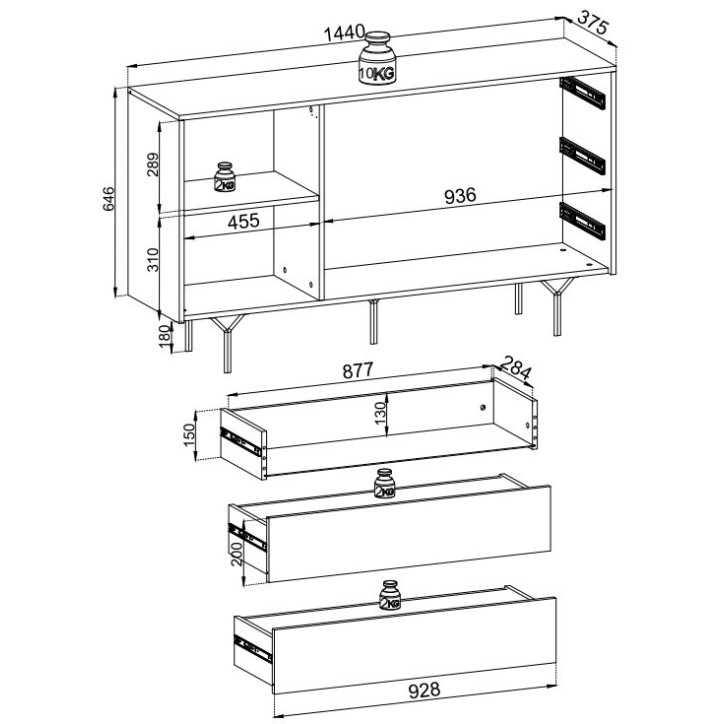 BUFFET LONG  144 cm 1 PORTE 3 TIROIRS anthracite mat - RAVEN 2