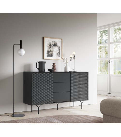 BUFFET LONG 144 cm 2 PORTES 3 TIROIRS anthracite mat - RAVEN 1