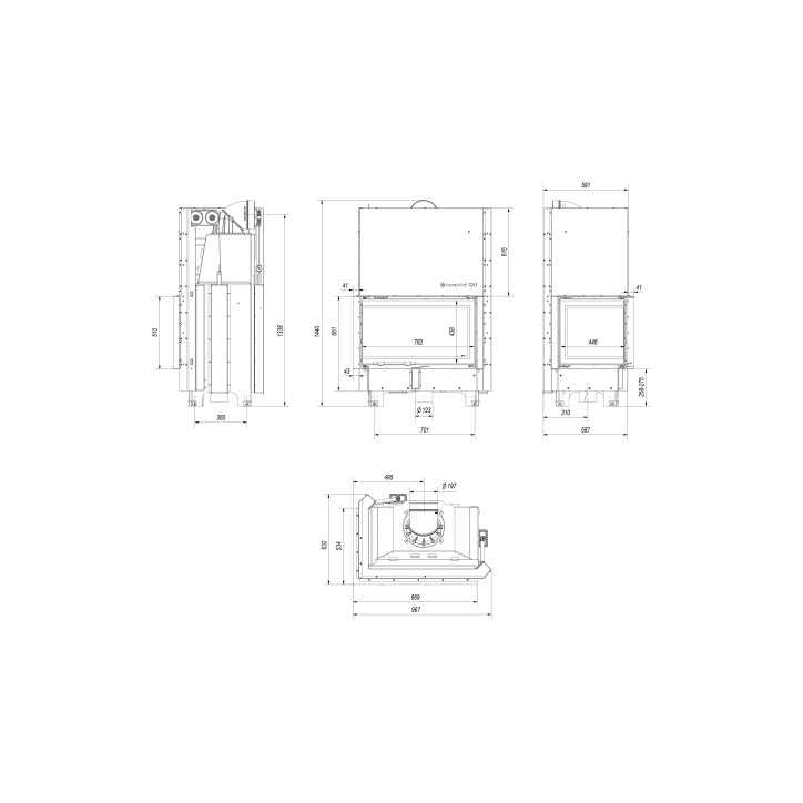 Insert cheminée MBO 15  BS vitre à gauche ouverture relevable + 4 bouches recuperateur