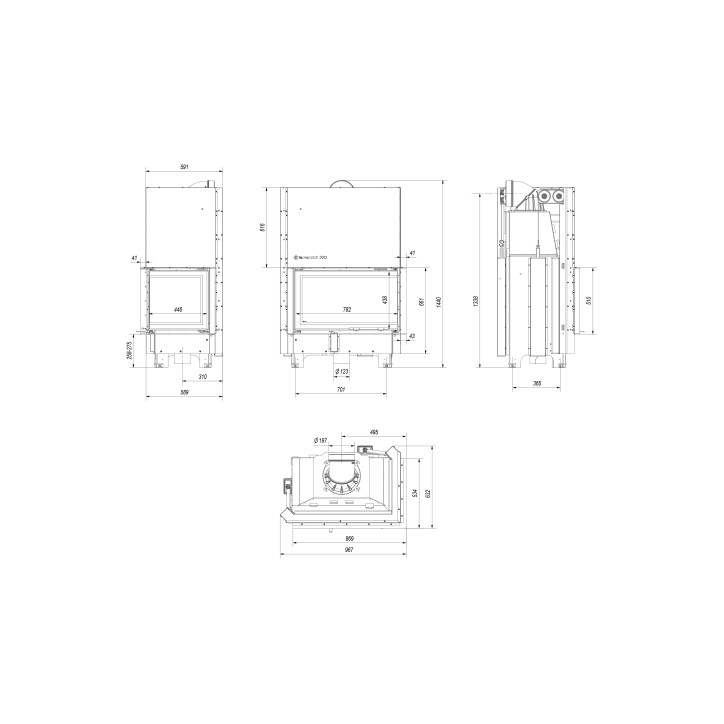 Insert cheminée MBO 15  BS vitre à droite ouverture relevable + 4 bouches recuperateur