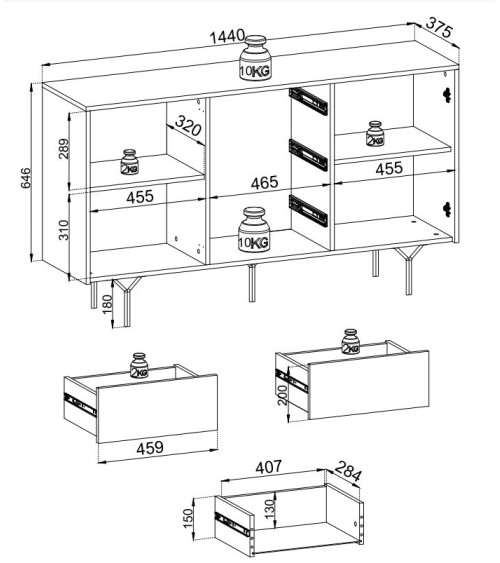 BUFFET LONG 144 cm 2 PORTES 3 TIROIRS anthracite mat - RAVEN 1