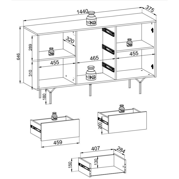 BUFFET LONG 144 cm 2 PORTES 3 TIROIRS anthracite mat - RAVEN 1