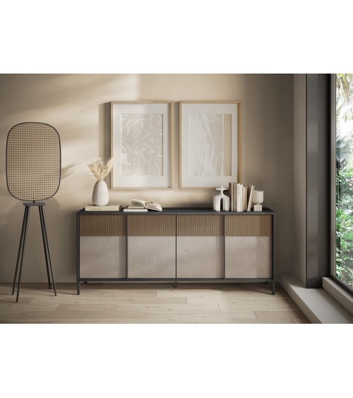 Buffet ETNA 206 cm Lave, argile et chêne mercure 4 portes