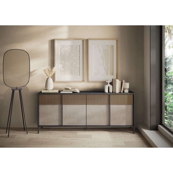 Buffet ETNA 206 cm Lave, argile et chêne mercure 4 portes