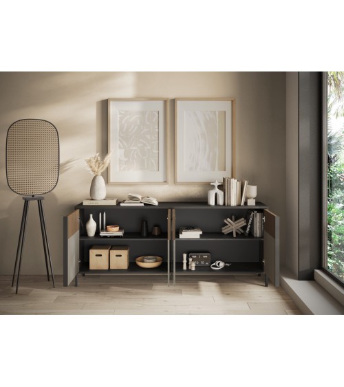 Buffet ETNA 206 cm Lave, argile et chêne mercure 4 portes