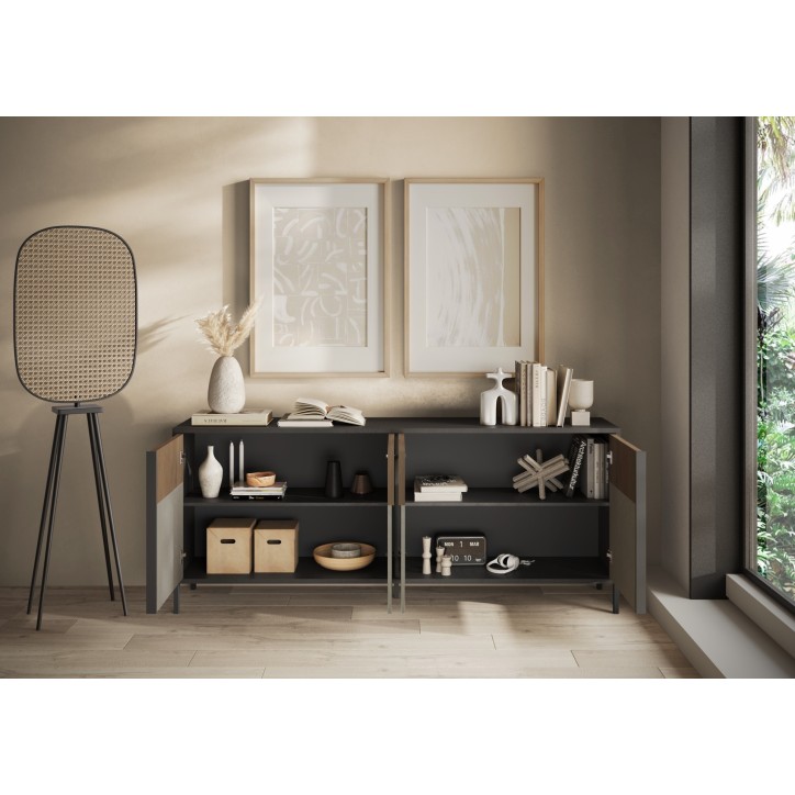 Buffet ETNA 206 cm Lave, argile et chêne mercure 4 portes