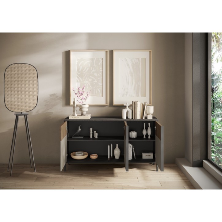 Buffet ETNA 156 cm Lave, argile et chêne mercure 3 portes