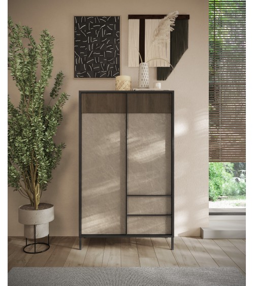 Buffet haut ETNA 106 cm Lave, argile et chêne mercure 2 portes et 2 tiroirs
