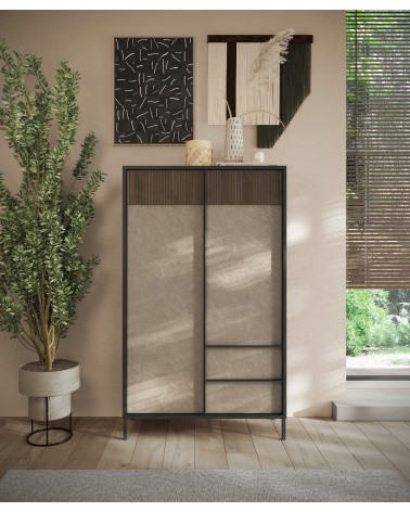 Buffet haut ETNA 106 cm Lave, argile et chêne mercure 2 portes et 2 tiroirs