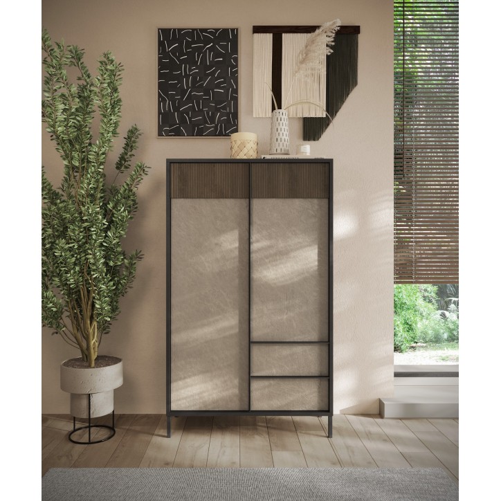 Buffet haut ETNA 106 cm Lave, argile et chêne mercure 2 portes et 2 tiroirs