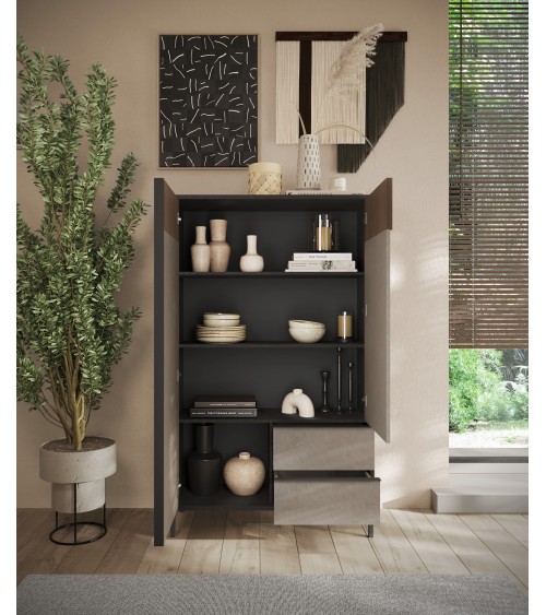 Buffet haut ETNA 106 cm Lave, argile et chêne mercure 2 portes et 2 tiroirs