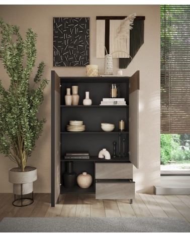 Buffet haut ETNA 106 cm Lave, argile et chêne mercure 2 portes et 2 tiroirs