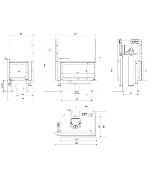 Insert cheminées à bois NADINE BS porte guillotine 2 côtés vitrés, version Droite 17 kW