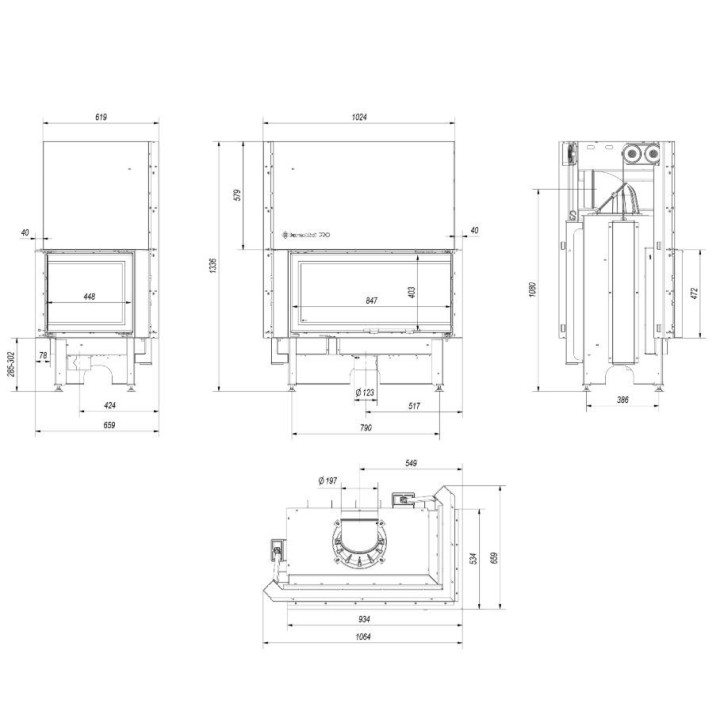 Insert cheminées à bois NADINE BS porte guillotine 2 côtés vitrés, version Droite 17 kW
