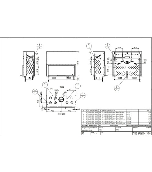 Insert cheminées à bois MB 160 CM porte guillotine 21 kW  + 8 bouches recuperateur de chaleur