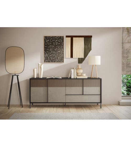 Buffet ETNA 206 cm Lave, argile et chêne mercure 4 portes et un tiroir