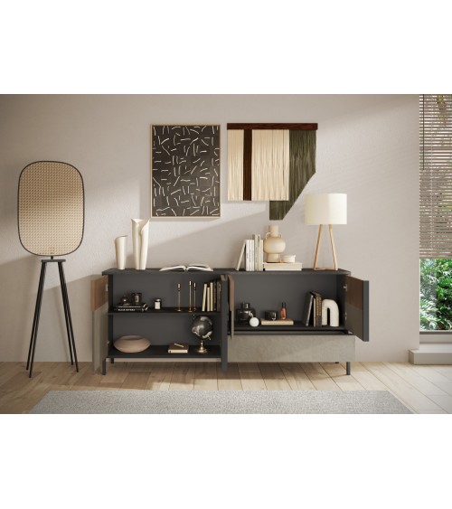 Buffet ETNA 206 cm Lave, argile et chêne mercure 4 portes et un tiroir