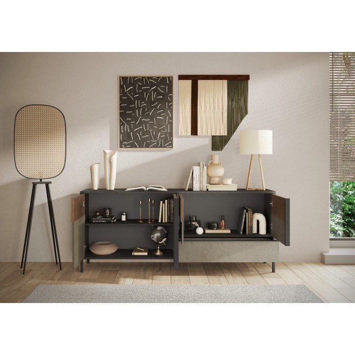 Buffet ETNA 206 cm Lave, argile et chêne mercure 4 portes et un tiroir