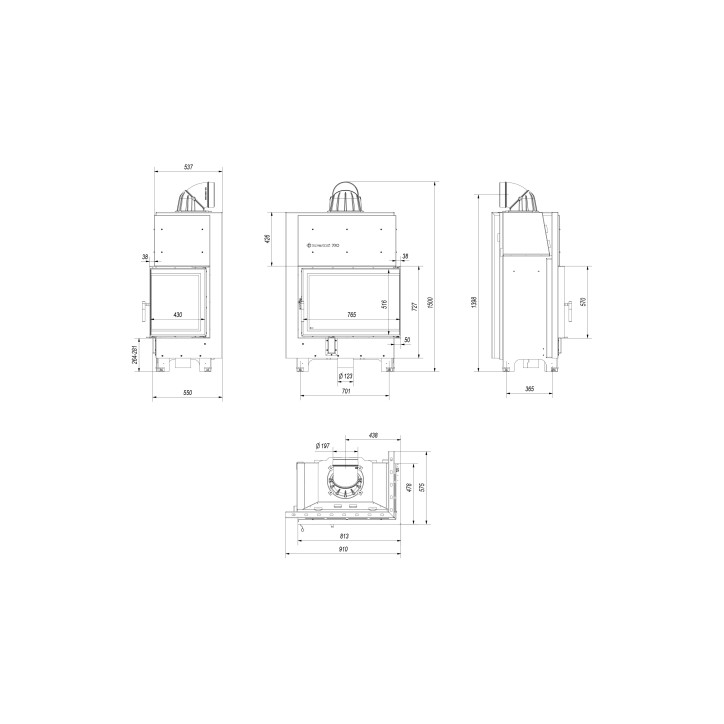 Insert cheminée MBA 17 BS vitre à droite + 4 bouches recuperateur