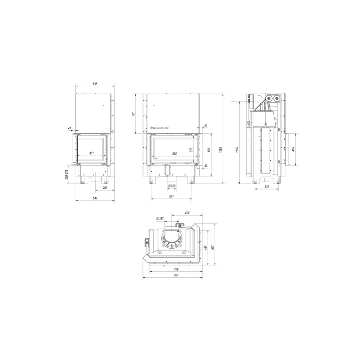 Insert cheminée MBM 10 BS vitre à droite ouverture relevable + 2 bouches recuperateur