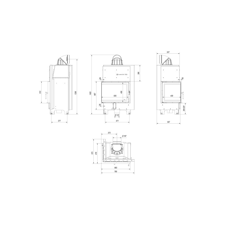 Insert cheminée MBZ 13 BS vitre à gauche + 3 bouches recuperateur