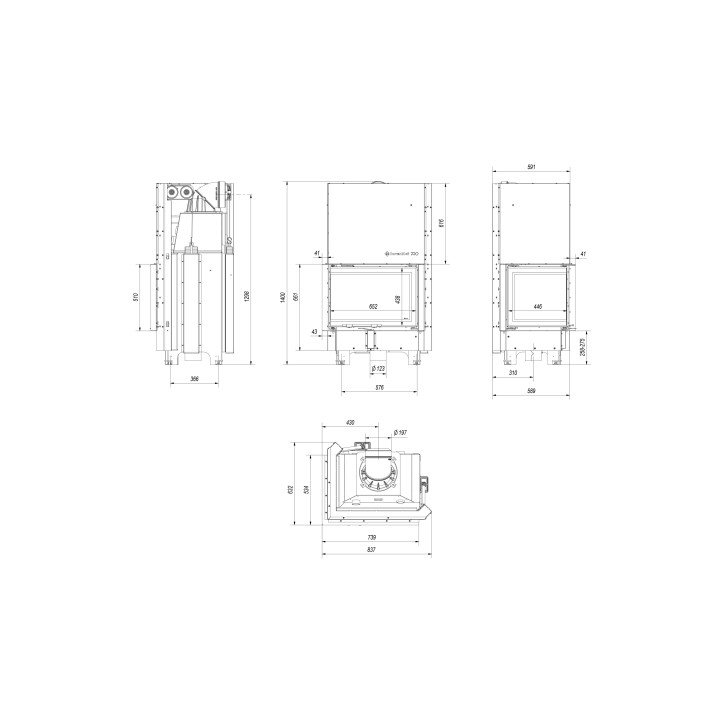 Insert cheminée MBZ 13 BS vitre à gauche ouverture relevable + 3 bouches recuperateur