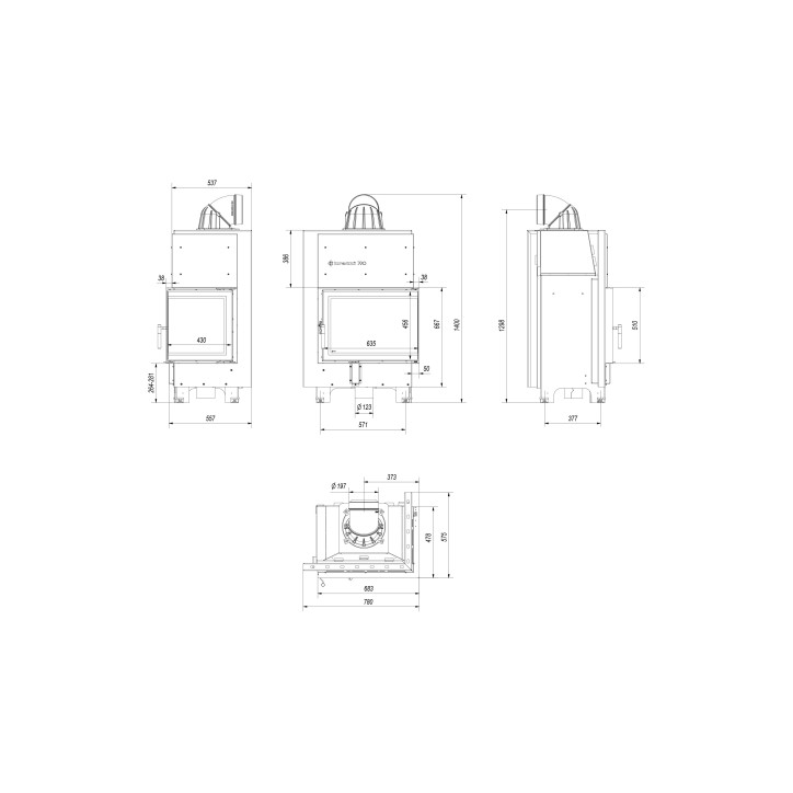 Insert cheminée MBZ 13 BS vitre à droite + 3 bouches recuperateur