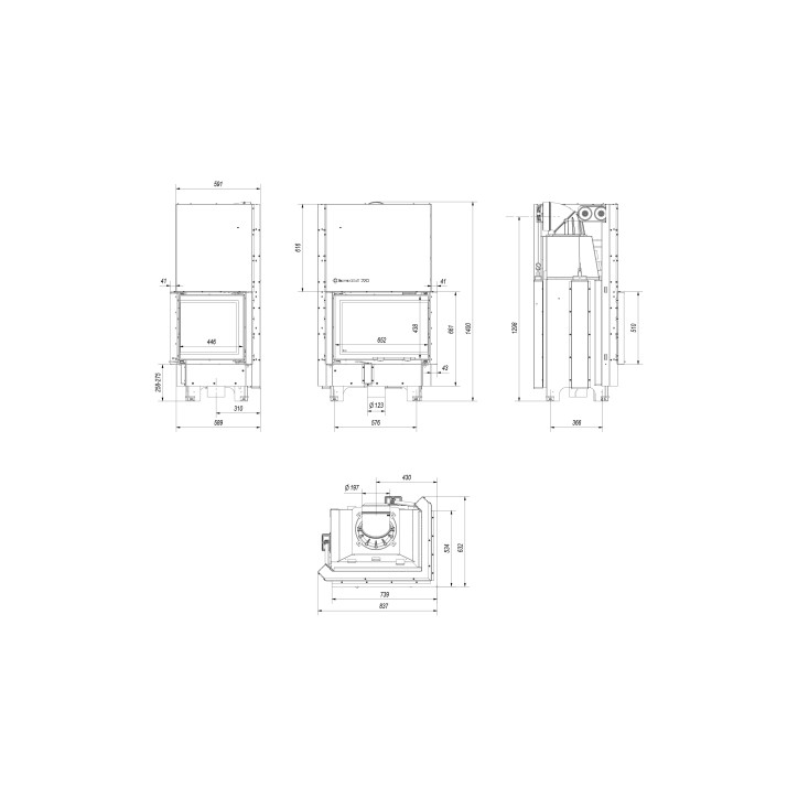 Insert cheminée MBZ 13 BS vitre à droite ouverture relevable + 3 bouches recuperateur