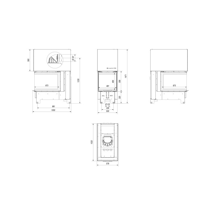 Insert cheminée NBU 11 3 côtés vitrés ouverture relevable + 3 bouches recuperateur