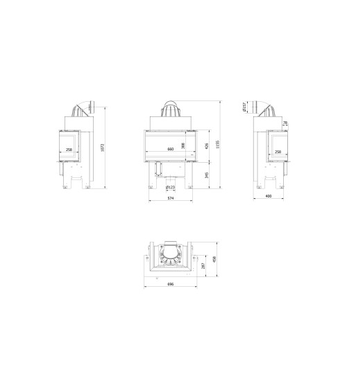 Insert cheminée NBC/BSL/P/680/280 3 côtés vitrés  9 kw + 2 bouches recuperateur