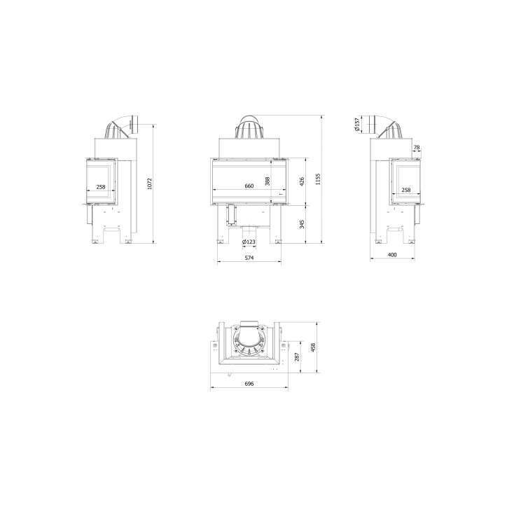 Insert cheminée NBC/BSL/P/680/280 3 côtés vitrés  9 kw + 2 bouches recuperateur