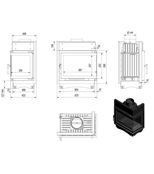 Insert cheminée MAJA 8 BS vitre à gauche 150 mm