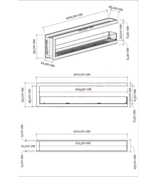 Cheminée BIOETHANOL U double face 200 cm