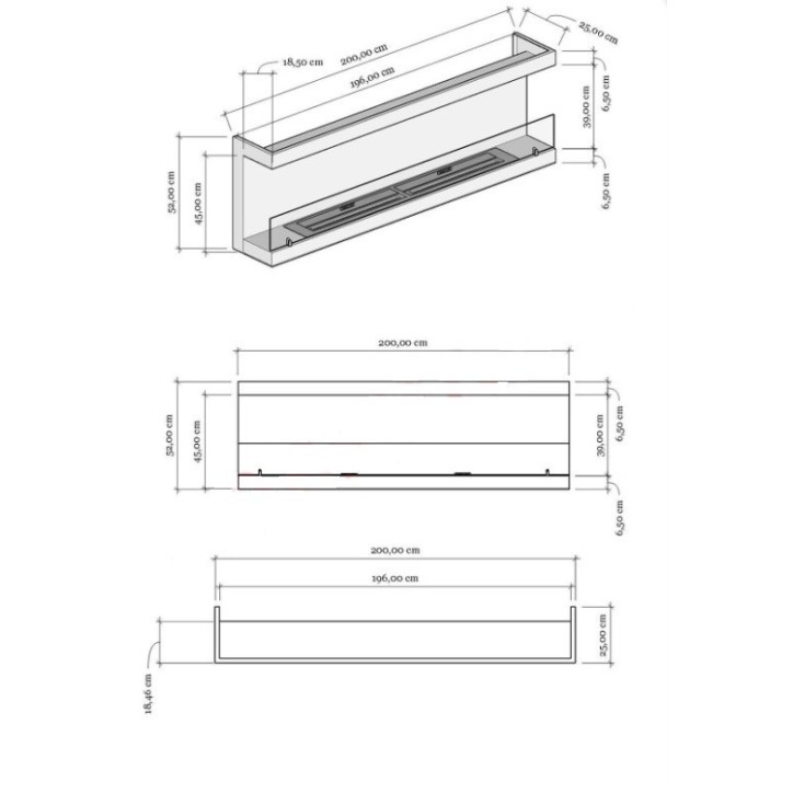Cheminée BIOETHANOL MURALE 200 CM double ouverture latérale Cheminée BIOETHANOL MURALE 200 CM double ouverture latérale