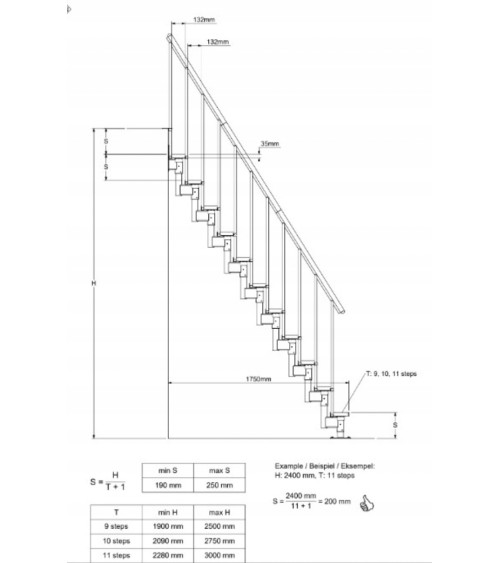 Escalier ANTHRACITE DALLAS - Hauteur à franchir 209cm à 275cm, Lx69cm