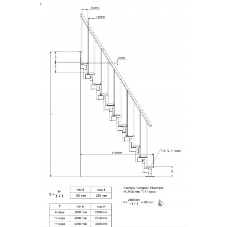 Escalier ANTHRACITE DALLAS - Hauteur à franchir 209cm à 275cm, Lx69cm