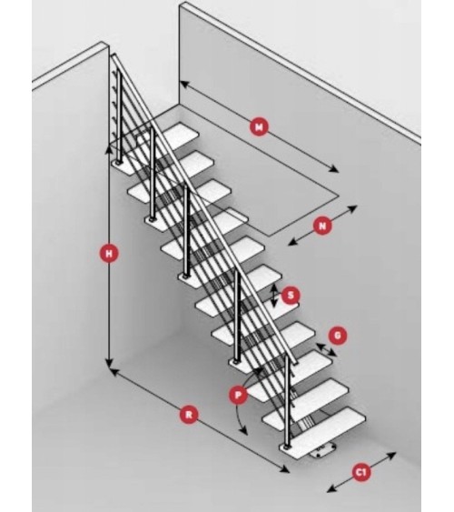 Escaliers Sydney - Hauteur à franchir 222cm à 270cm, Lx74cm