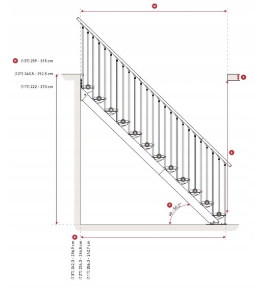 Escaliers Sydney - Hauteur à franchir 222cm à 270cm, Lx74cm